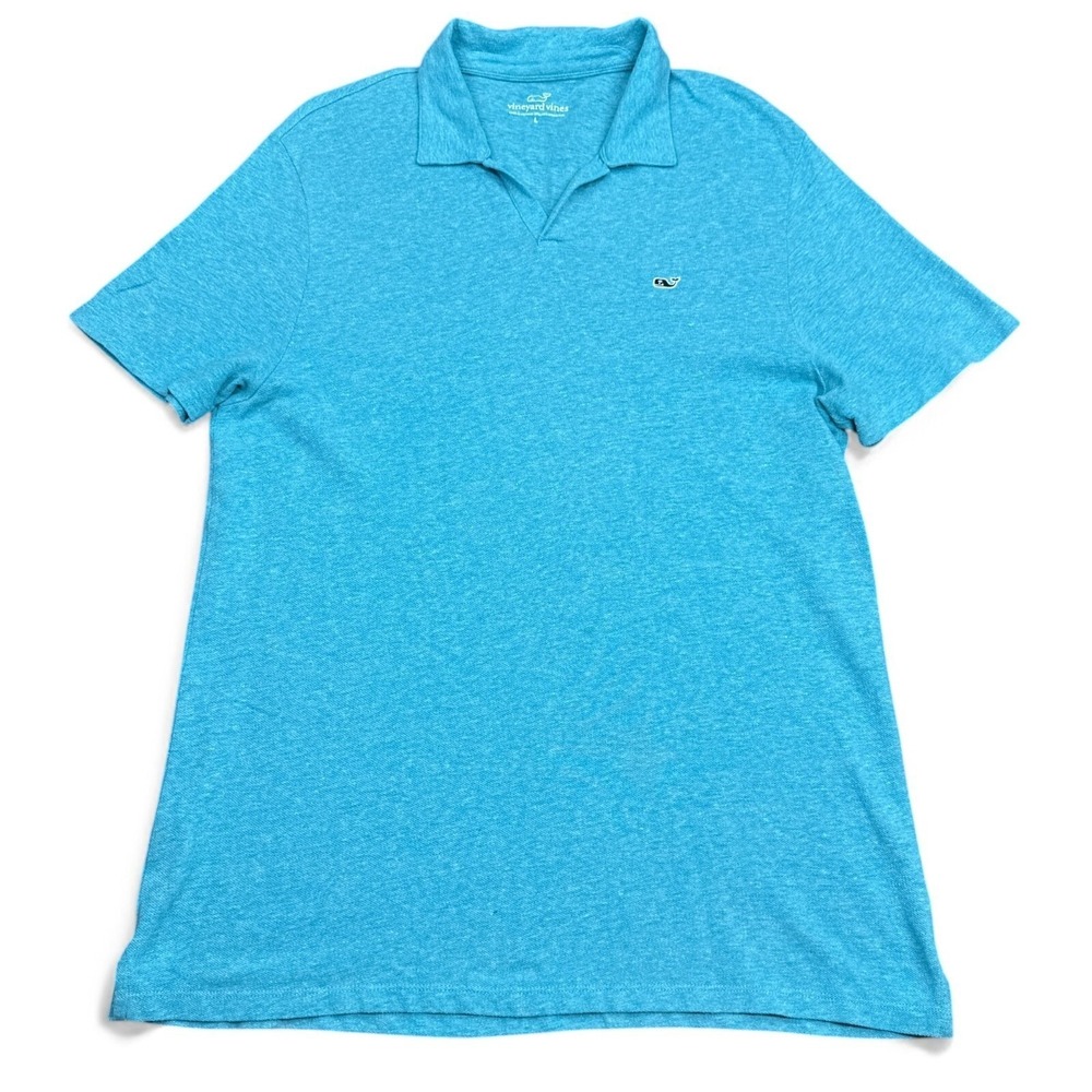 Vineyard Vines Mens Large Blue Linen Cotton V-Neck Short Sleeve Polo Shirt